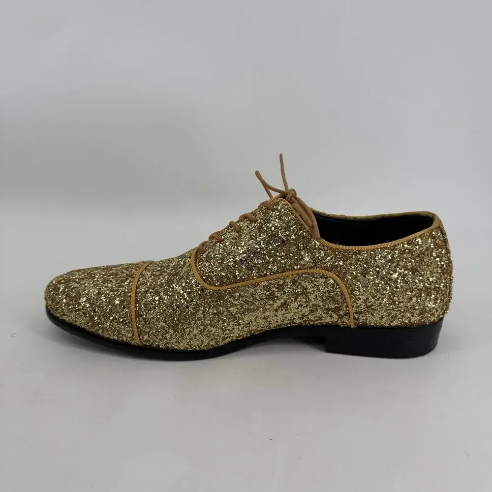 Amali Shoes Mens Size 9.5 Gold Glitter Cap Toe Dress Oxford Lawrence-035